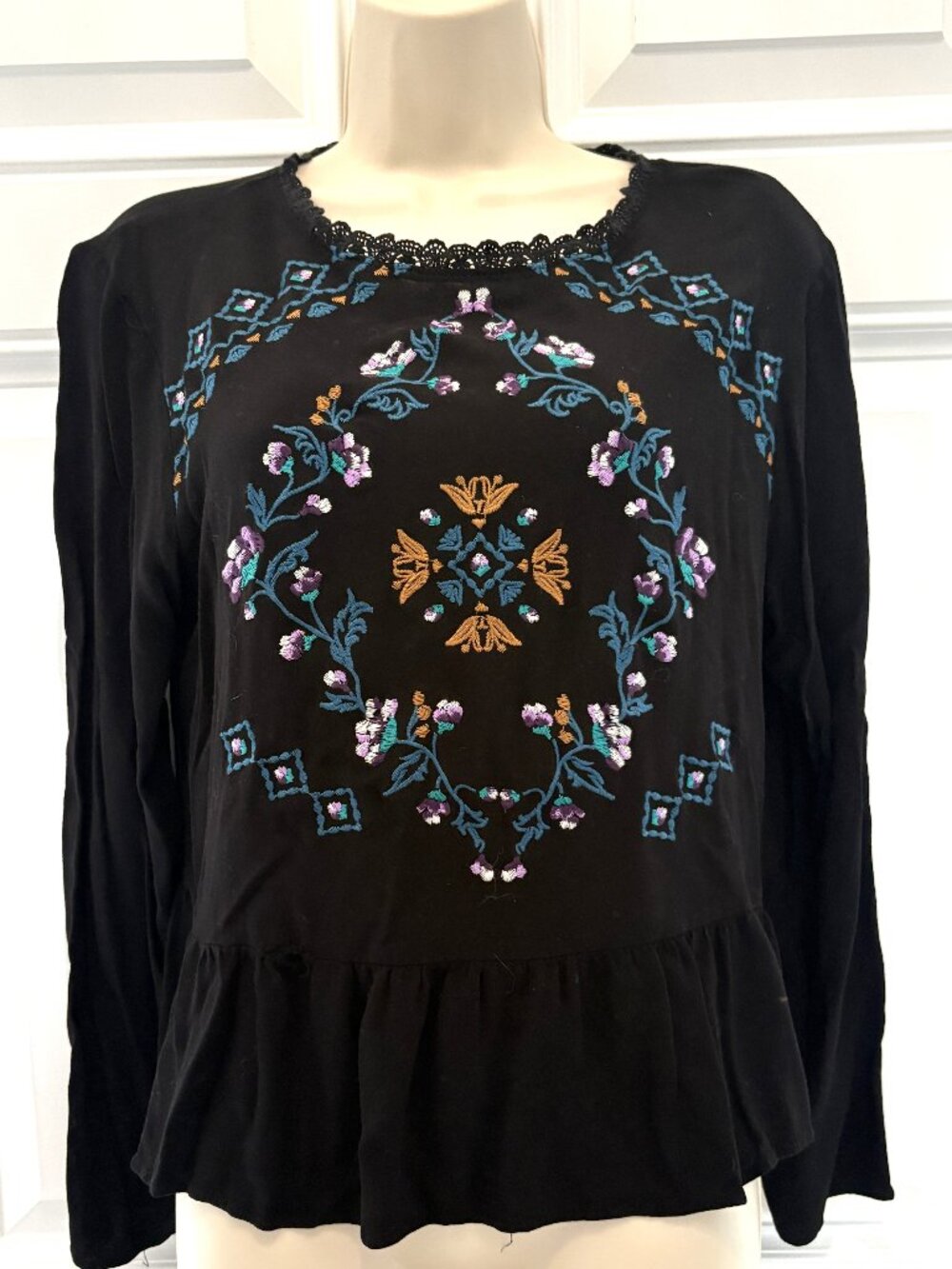 Black Long Sleeve Top Embroidered Front by xhilaration